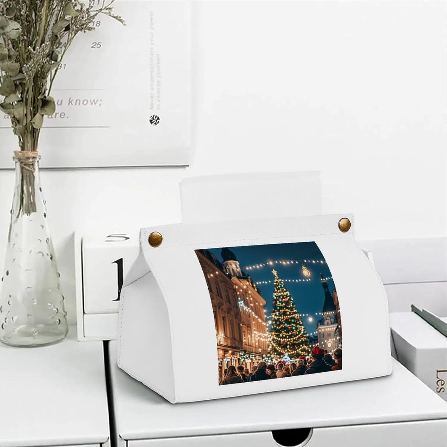 Decorative PU Tissue Paper Holder Christmas Carnival Printed Tissue Box Cover Napkin Tissues Organizer Home Decor for Bathroom Night Stands Desk Car Dining Table image 5