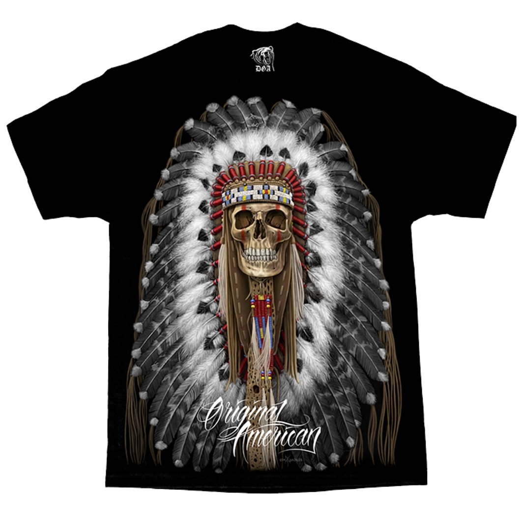 DGA David Gonzales ArtDavid Gonzales Men's Original Native American Indian Headdress Skull DGA Art T Shirt