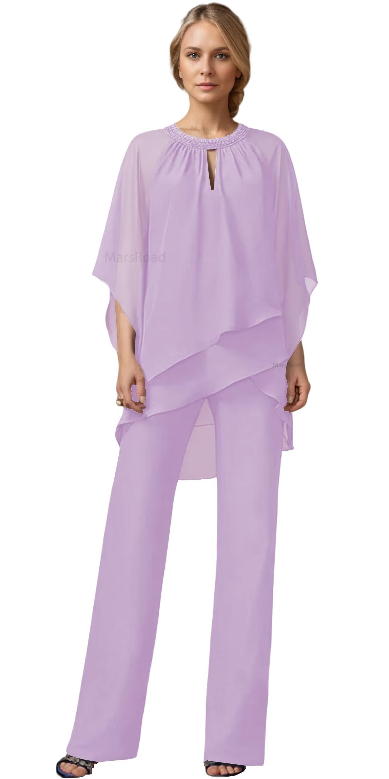 2 Piece Mother of The Bride Pant Suits for Wedding 3 4 Sleeve Chiffon Beading Sequins Tiered Formal
