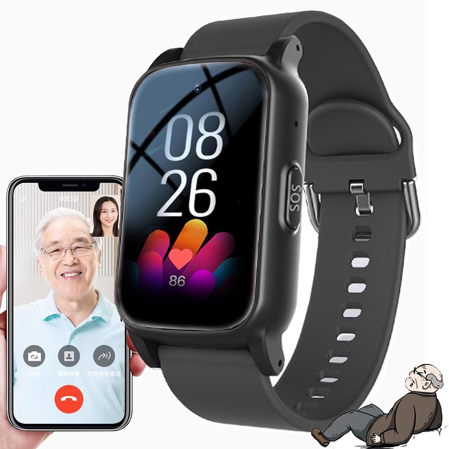 Reloj Inteligente para Personas Mayores con Videollamada Y Detección De Caídas, Alarma Personal Sos, Rastreador GPS, Resistente Al Agua Ip67, Ideal para Personas con Demencia/Alzheimer. Black