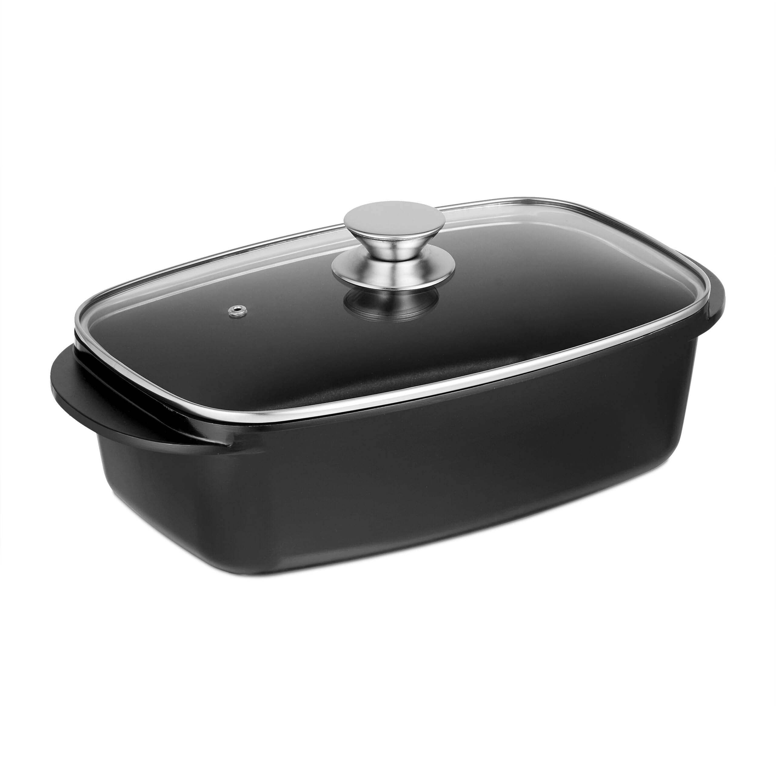 Relaxdays Asador de Horno con Tapa de Cristal, Rustidera 5 L, Olla Antiadherente, para Placa Eléctrica y de Gas, Negro