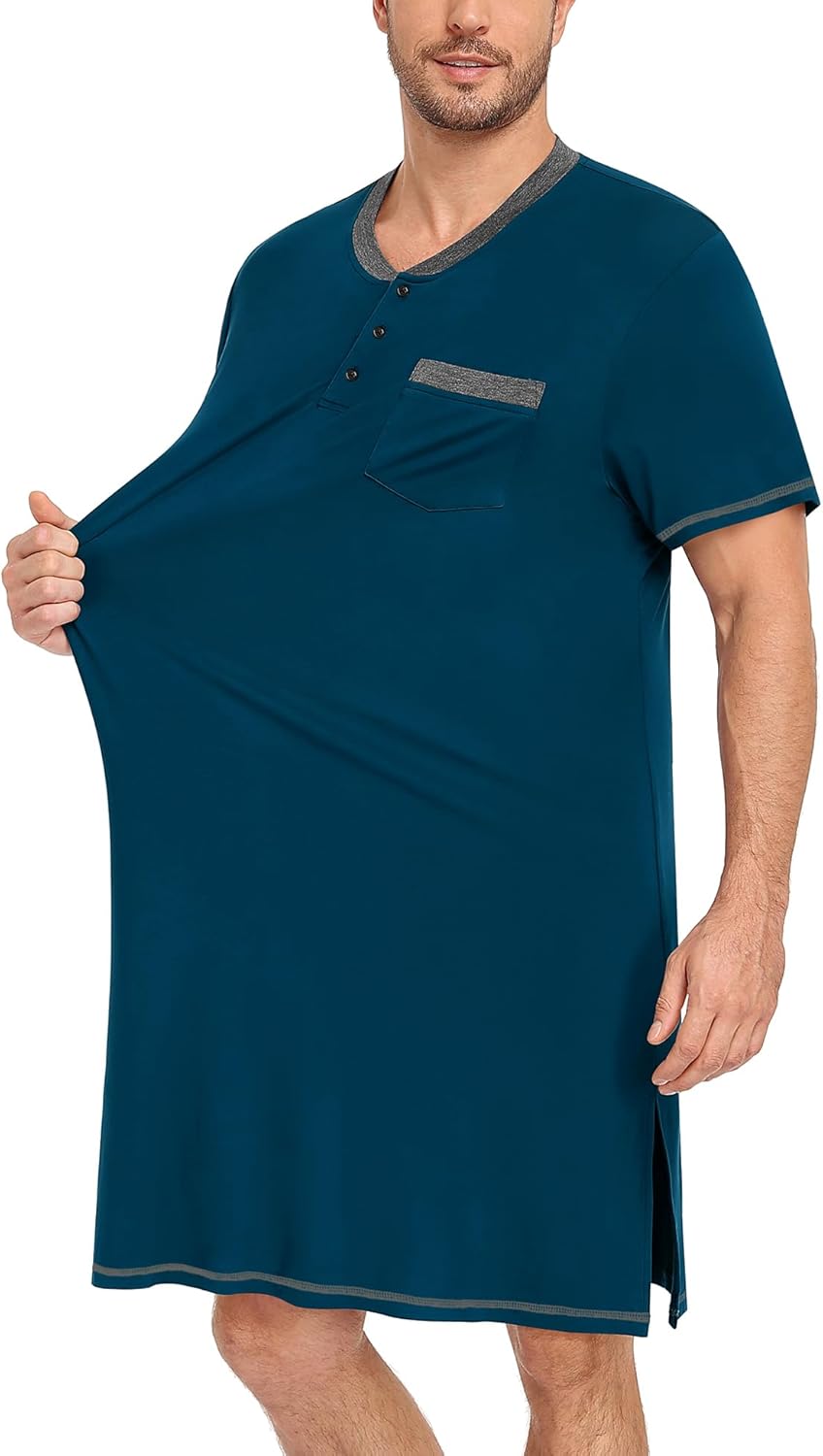 SWOMOG Mens Nightshirt Modal Short Sleeve Nightgown Henley Night Shirts Sleepwear Big & Tall Nightwear - Image 3