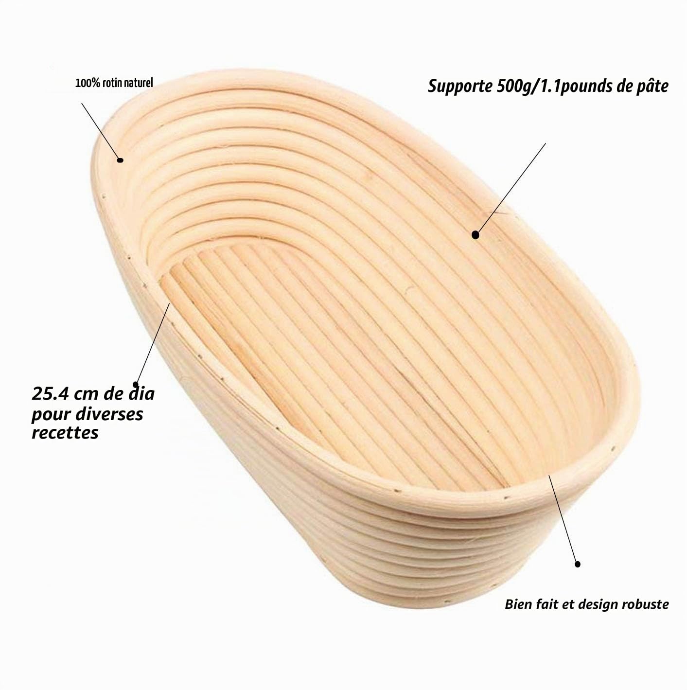 Banneton pour Pain, Panier de fermentation ovale 21 x 15 x 8 cm, Panier de fermentation en rotin, Accessoires de pâtisserie, Panier de cuisson, Pour la maison et la pâtisserie professionnelle