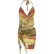 Women Sexy Sheer Halterneck Mini Dress Hollow Out Colourful Mesh Floral Dress for Beach Party Night