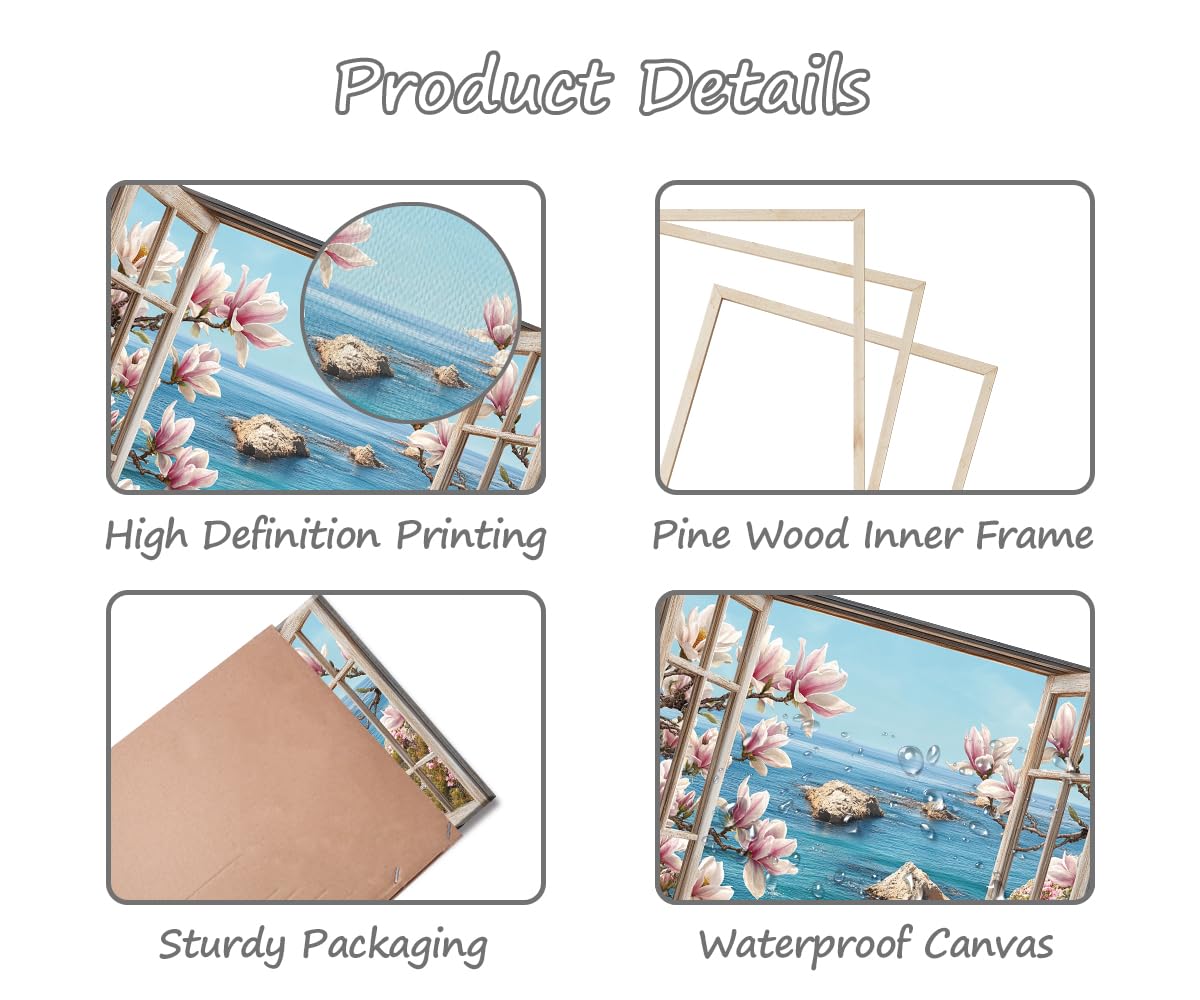 PIY PAINTING Wasserfront Szene Spiaggia Quadri Moderni Soggiorno Stampe Da Parete Mare e Finestra Disegno Su Tela Fiore Immagine Pittura Dipinto Quadro Con Cornice Decorazione Camera Da Letto 30x40 cm