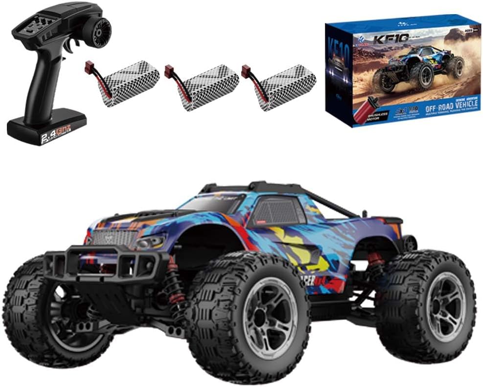 60 km/h Remote Controlled Car with Brushless Motor, 1/10 High Speed 4WD Offroad RC Truck, Waterproof RC Buggy All Terrain for Adults, 3 Batteries (Blue)