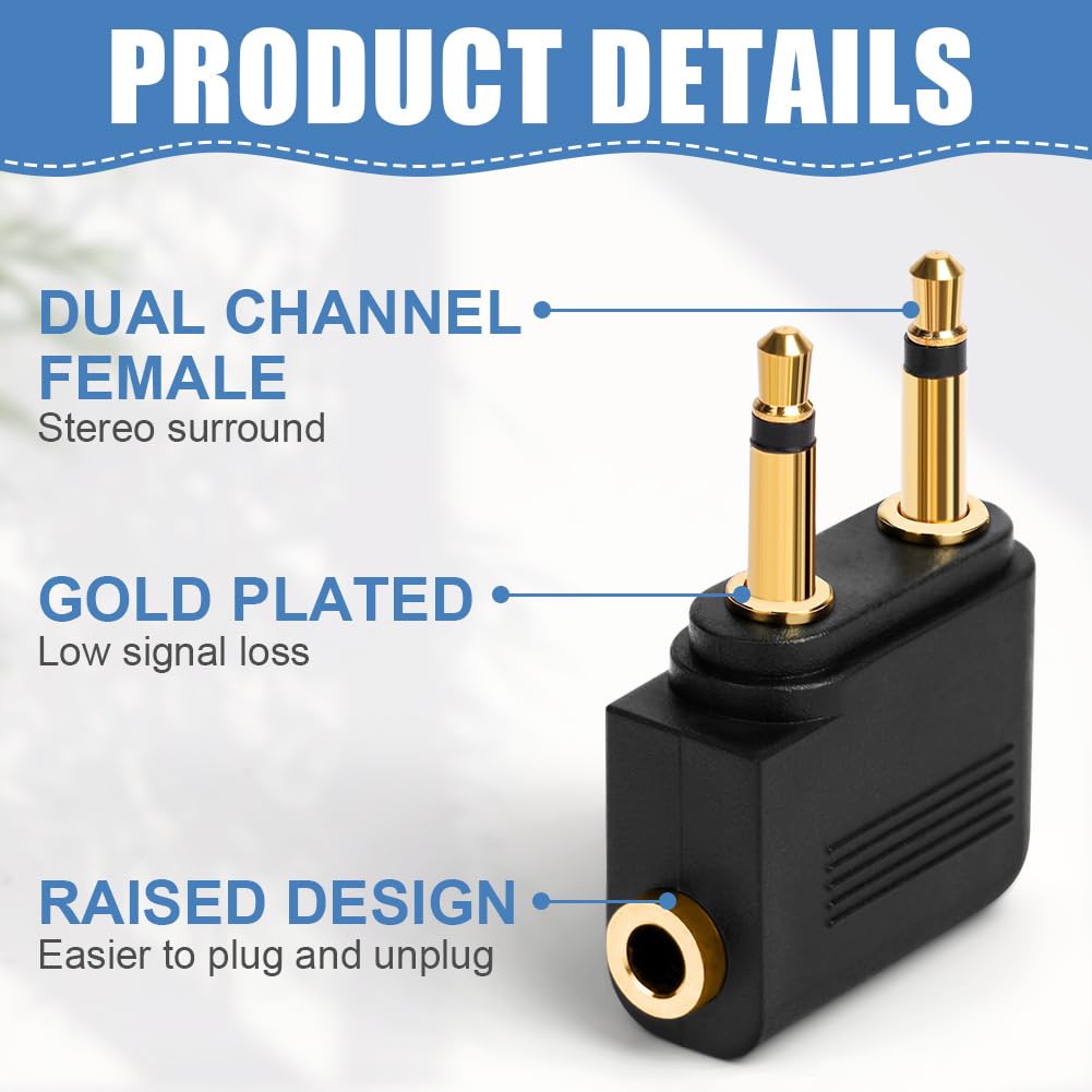 Adaptateurs pour Casque d’Avion Plaqué Or, Lot de 2, 3,5 mm Femelle AUX Audio Jack, Double Jack Adaptateurs Airline