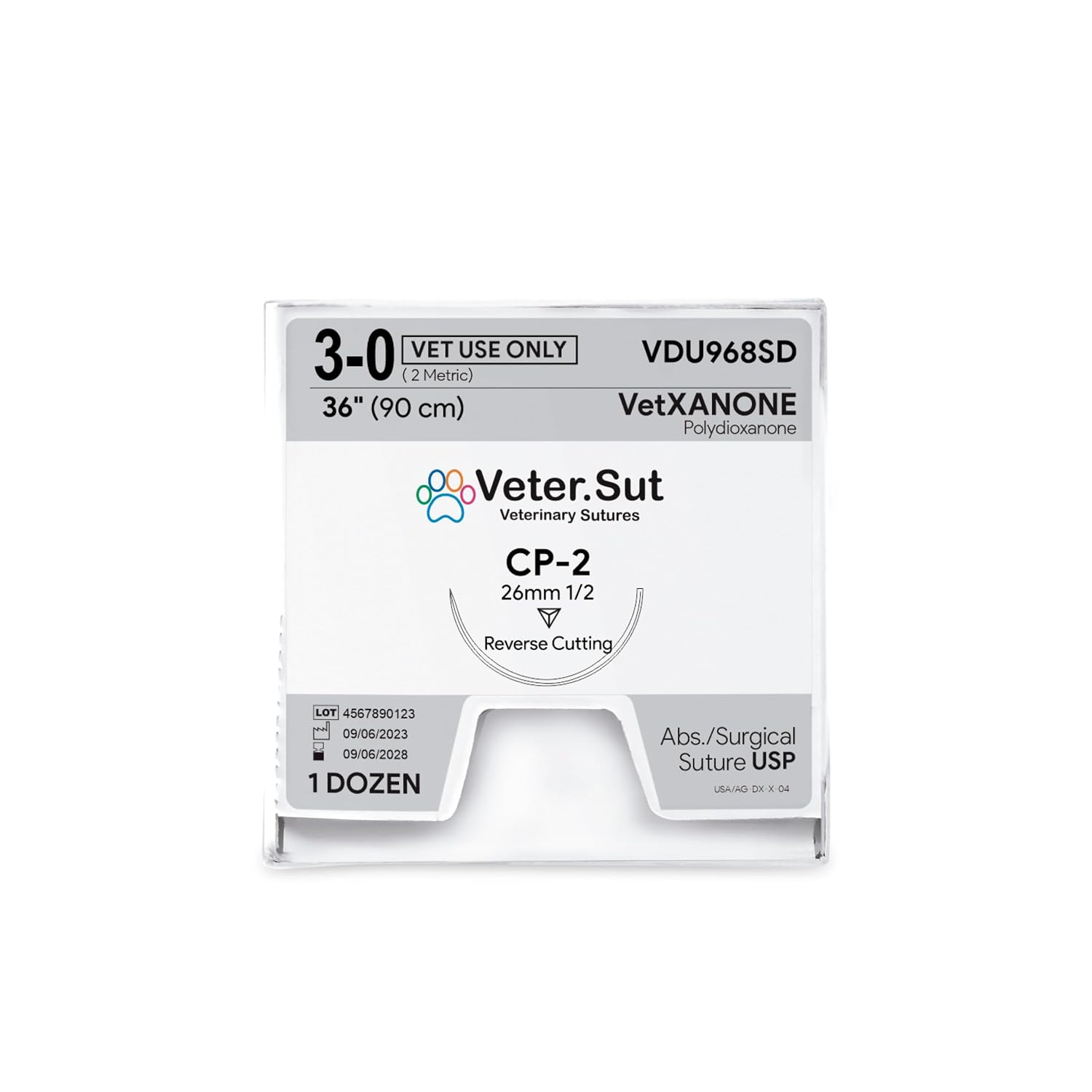 VeterSut VetXANONE Absorbable Polydioxanone Surgical Suture USP Size 3-0, (CP-2) 1/2 26mm Reverse Cutting Needle, 36 Inches (90 cm), 12 Count, Veterinary Use
