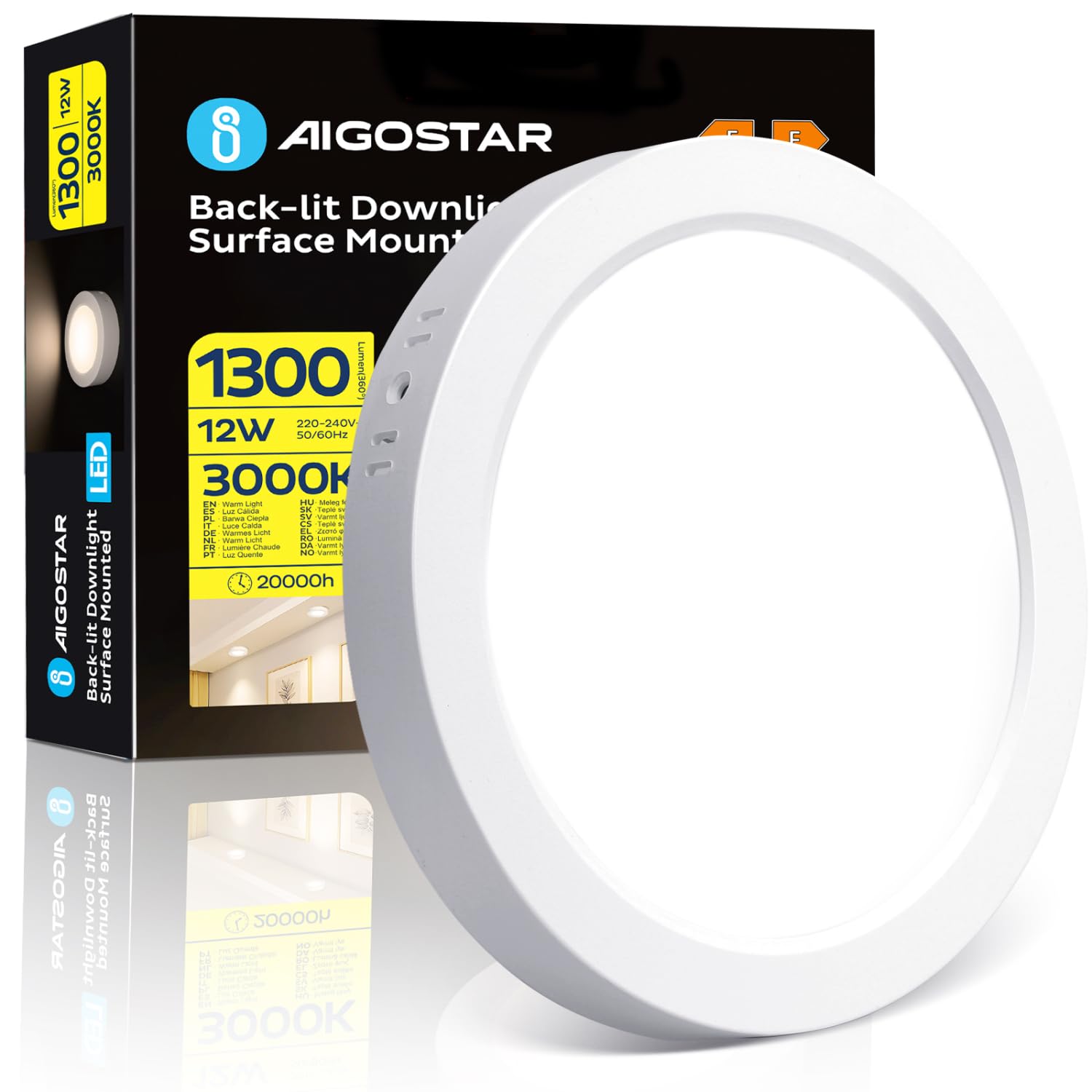 Aigostar Ultra-Thin 12W Round Surface Mounted LED Ceiling Lights, 1300Lumen Warm White 3000K, LED Panel Ceiling Lamp for Living Room, Kitchen, Bulkhead, Porch, Bedroom, and Utility Room