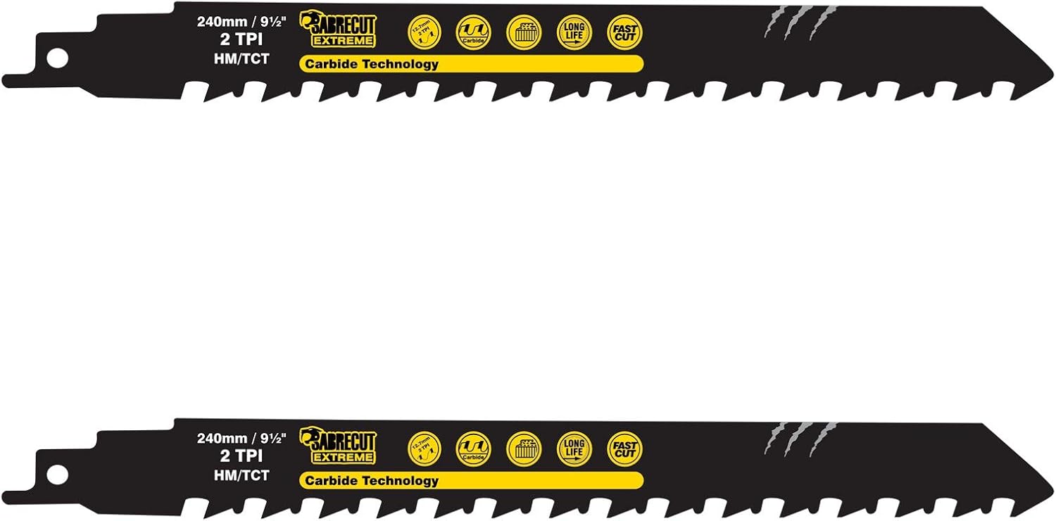 2 x SabreCut SCRS1543HM_2 Tungsten Carbide 9 29/64" (240mm) 2 TPI S1543HM Small Bricks Poroton Fibre Cement Concrete Straight Cutting Reciprocating Sabre Saw Compatible with Bosch Dewalt and others