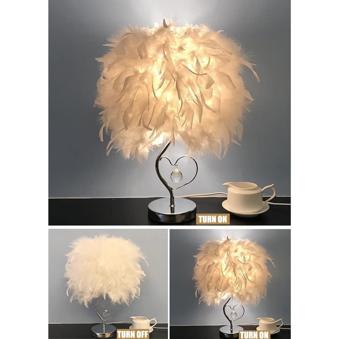 Lampada da comodino in piuma con cristallo a forma di cuore, paralume da comodino in piuma Paralume da tavolo con luce in piuma per soggiorno, camera da letto, sala da pranzo
