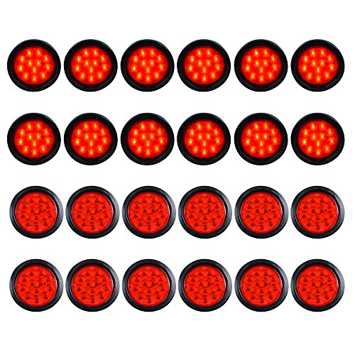 4" Round 12-LED Truck RV Trailer Tail Light Rubber Cover Wiring Plug Kit (Pack of 24, Red Lens - Red Light)