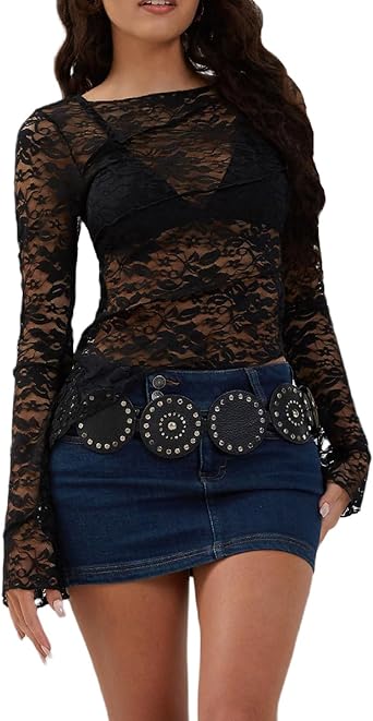 Womens Y2k Lace Floral Top Sheer Mesh See Through Long Sleeve Crop Top Slim Fit Skinny Tee Blouse Club Streetwear