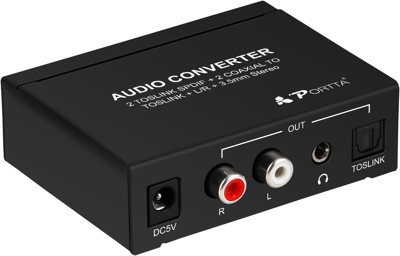 Portta Audio Matrix 4 Port 3 Out 4x3 2 Toslink Spdif and 2 Coaxial to Toslink Plus L/R RCA Plus 3.5mm Audio Support LPCM DTS Dolby-AC3 HDCD Metal Case for HDVD Blu-ray DVD Headphone Amplifier