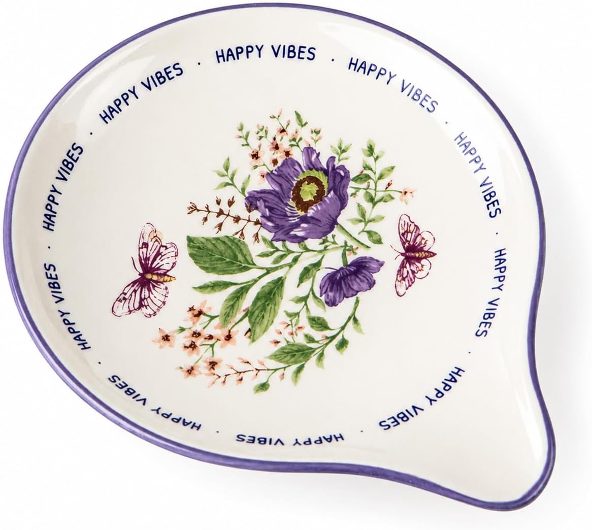 DOWAN Ceramic Spoon Rest for Kitchen Counter, 6 Inch Large Spoon Holder for Stove Top, Floral Utensil Rest for Ladles and Spatulas, Purple Butterfly Cottage Kitchen Decor, Happy Vibes Gift