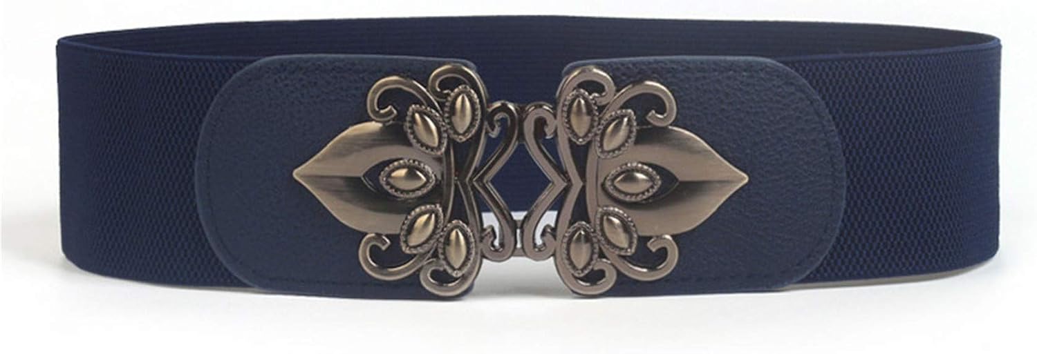 Andongnywell Women Vintage Elastic Waist Belt Stretch Cinch Belt Wide Belt Waistband with Metal Interlock Buckle