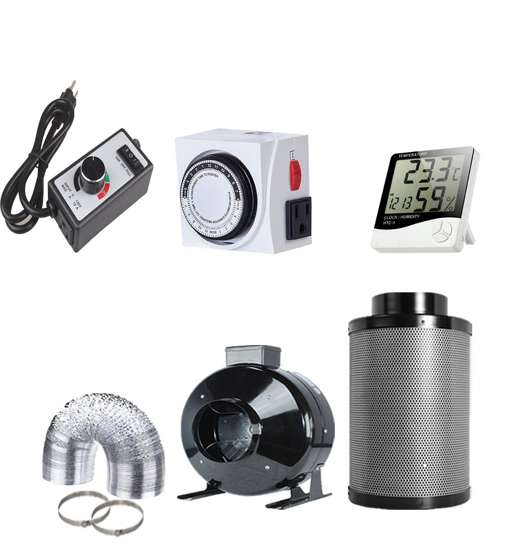 TopoGrow6'' Inline Fan with 6" Carbon Filter Ducting Clamps Combo+Variable Fan Speed Controller + Humidity Monitor + Analog Timer for Hydroponic Grow Tent Ventilation (6" Fan Filter Kit+Accessories)