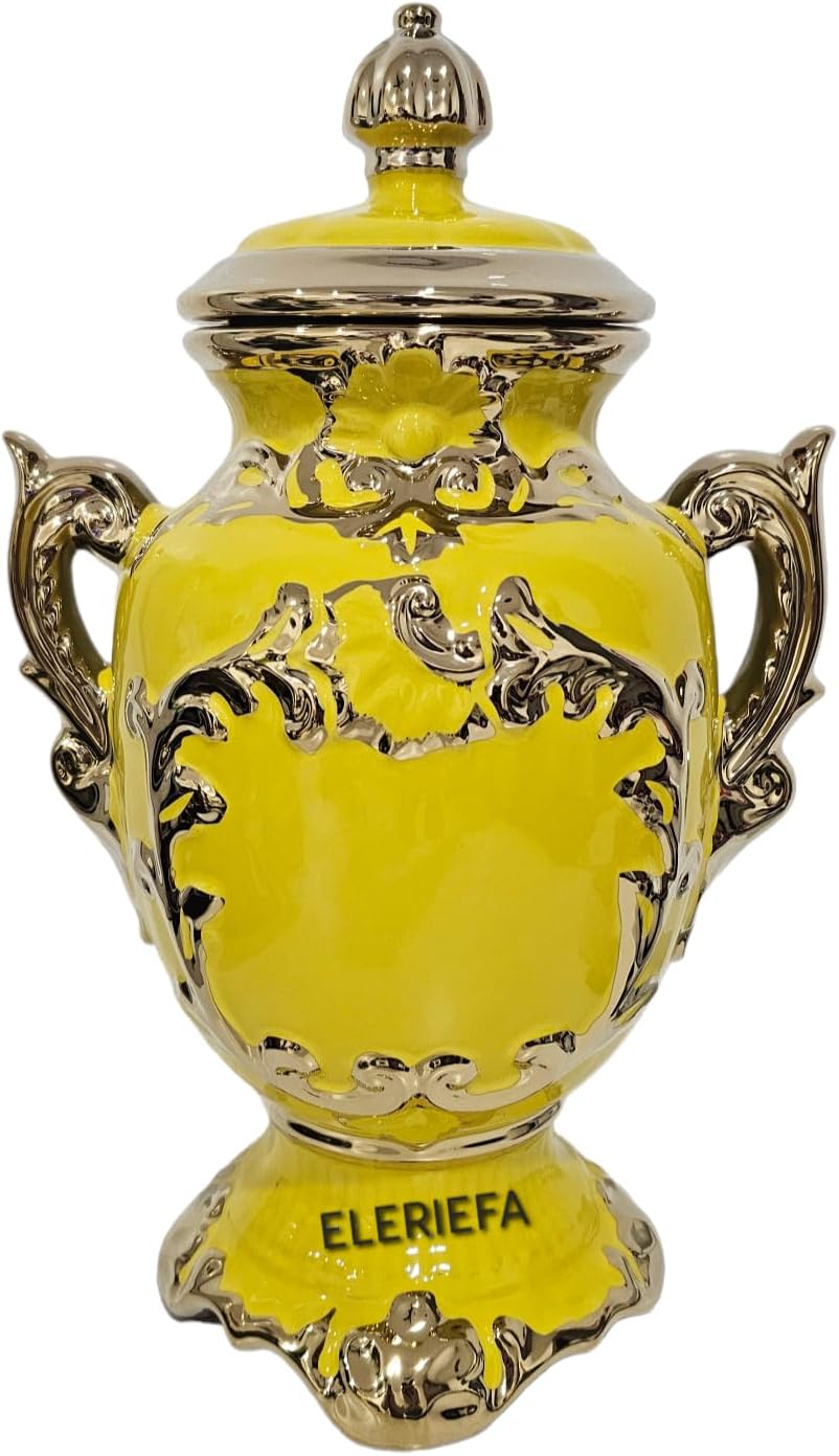 Sopera de porcelana para Ochun amarilla con acentos dorados en forma de trofeo con capacidad de 4 litros