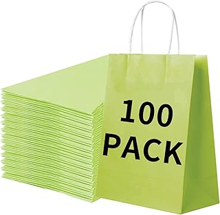 BAG BOX 100 Pack 8.25x4.3x10.6 Inch Green Gift Bags with Handles,Bulk Kraft Paper Bags for Shopping, Retail, Merchandise, Wedding, Party Favors, Paper Grocery Sacks