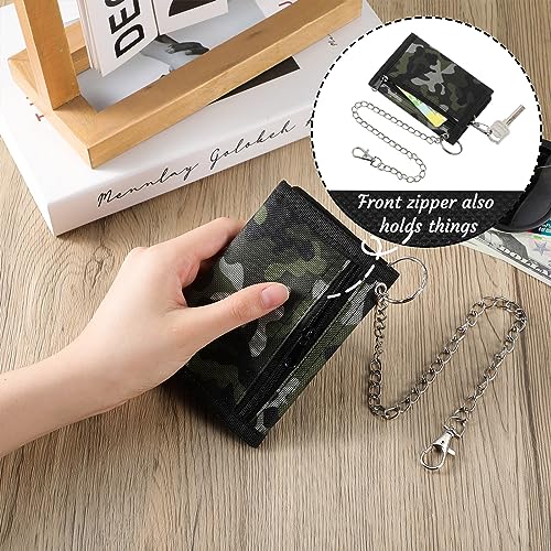 3 Pcs Wallet with Chain for Boys Men Girls Trifold Camo Wallets Pocket Camouflage Wallet with Chain Clip and Zipper Teen Halloween Christmas Birthday Gift, Camo Green, Black, Army Gray4