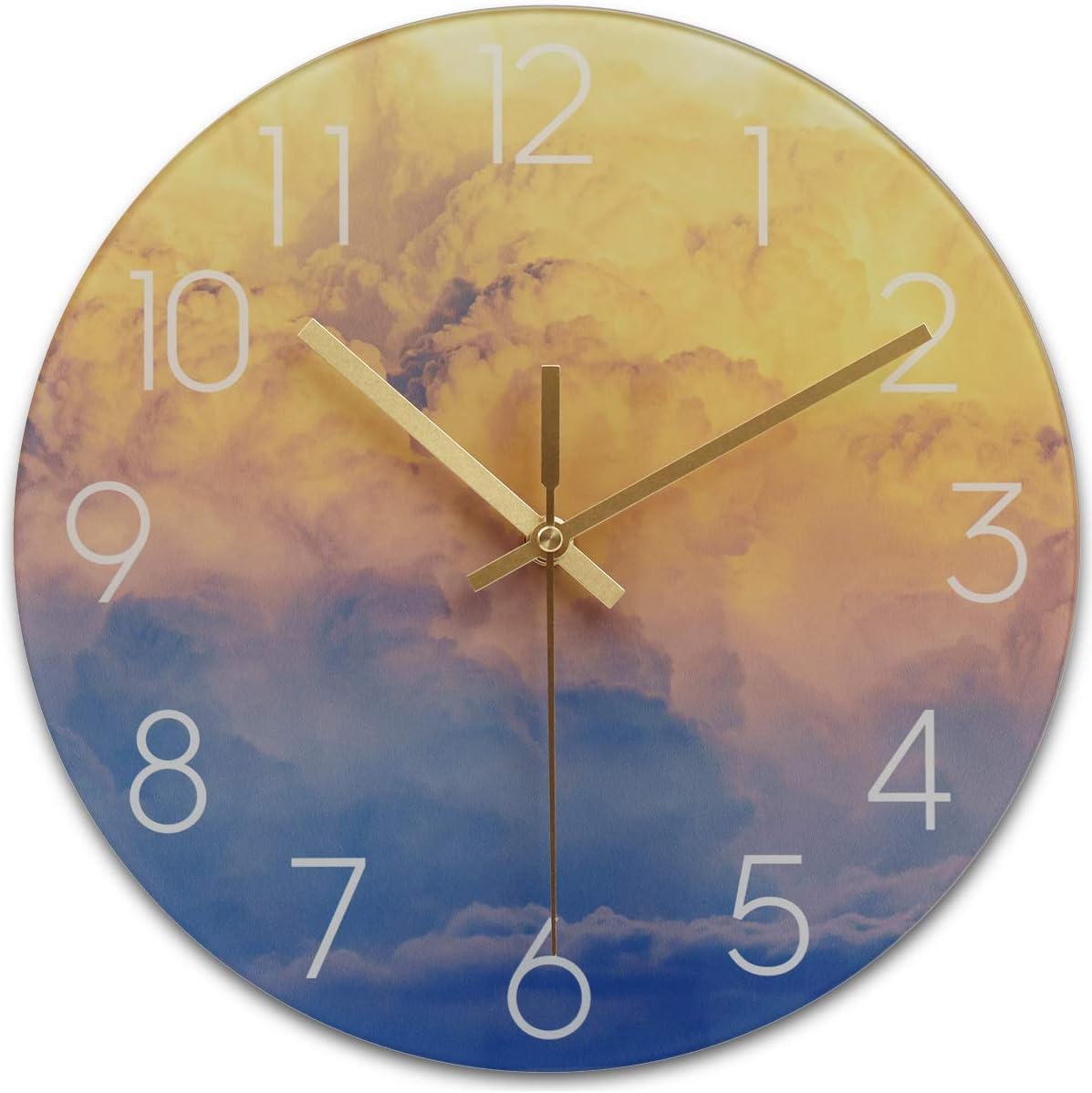 AROMUSTIME 12 Inch Tempered Glass Wall Clock Silent Non-Ticking Battery Operated Modern Wall Clock for Home/Office Decor,Yellow Clouds