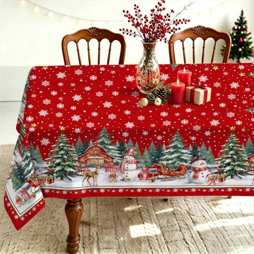 Bkyedsa Christmas Tablecloth Rectangle 60" x 120" - Red Snowflake Christmas Tree Santa Snowman and Gingerbread Christmas Table Cloth Decorations Table Cover for Home Kitchen Dinning Party