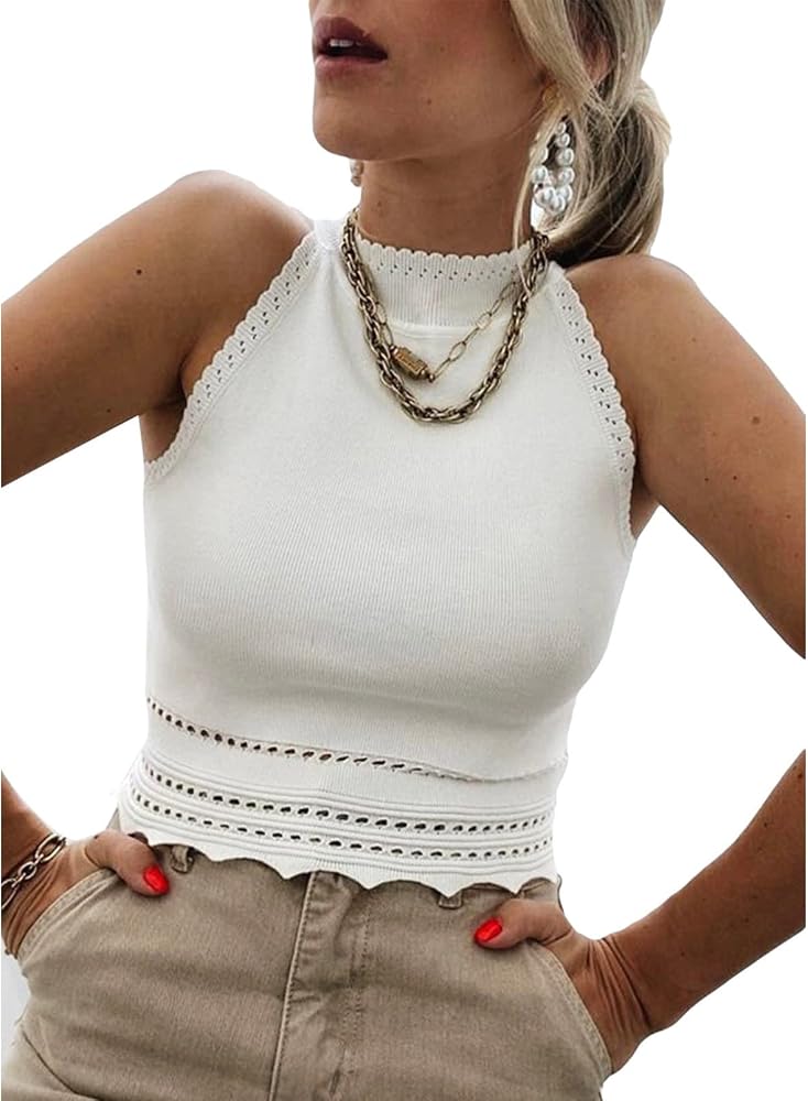 EVALESS Women's Ribbed Knit High Neck Halter Crop Top