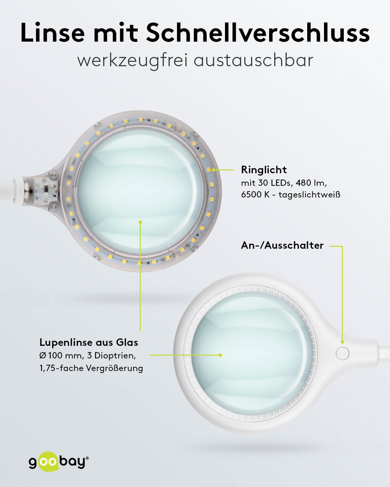 goobay 60359 LED Lupenleuchte - Lupenlampe mit Standfuß - Standlupe Licht - 6 W Leistungsaufnahme - Farbtemperatur 6200 K – Lichtstrom 480 lm, Weiß