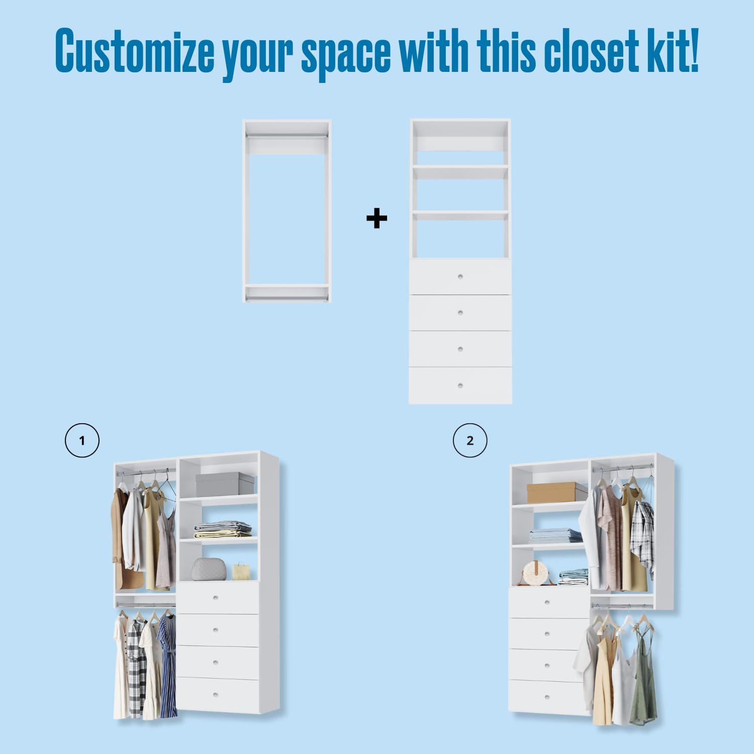 Closet Kit with Hanging Rods, Shelves & Drawers - Corner Closet System - Closet Shelves - Closet Organizers and Storage Shelves (White, 57 inches Wide) Closet Shelving