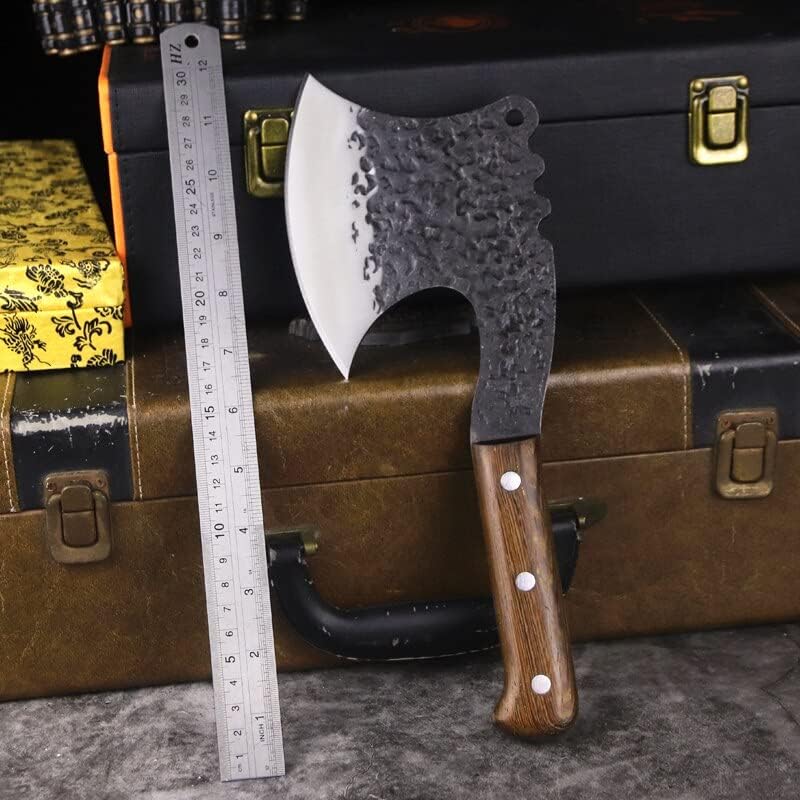 Miniatura 5 de MAYiT Cuchillo de carnicero para carne, hacha táctica afilada de acero de alto carbono forjado a mano, mango de madera de sándalo, hacha de corte de