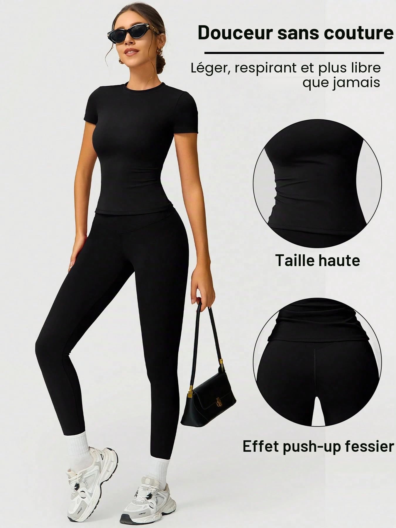 KIKIMINK Ensemble de yoga pour femmes, t-shirts à manches courtes et leggings de yoga pour femmes (noir, M)