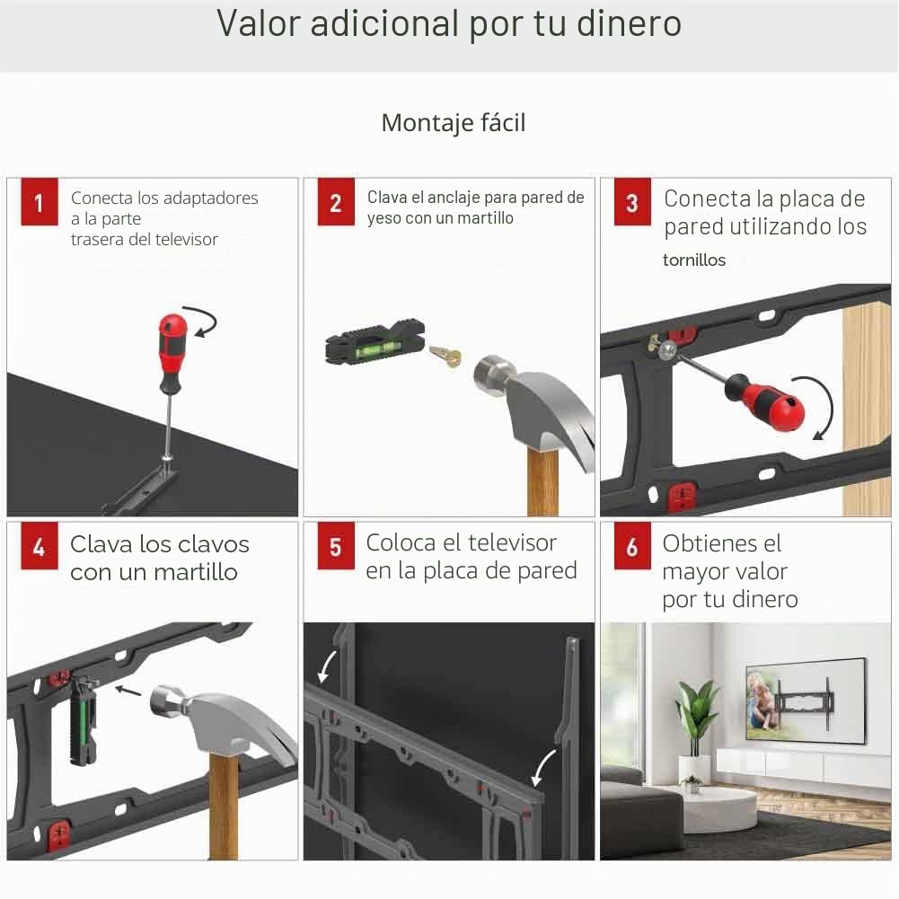 Barkan Soporte TV de Pared Fijo para Pantallas de 29-75 Pulgadas, para Paneles de Yeso, sin Taladro, Peso máximo 43Kg, Bloqueo automático Patentado, para LED OLED LCD, hasta VESA 600x400