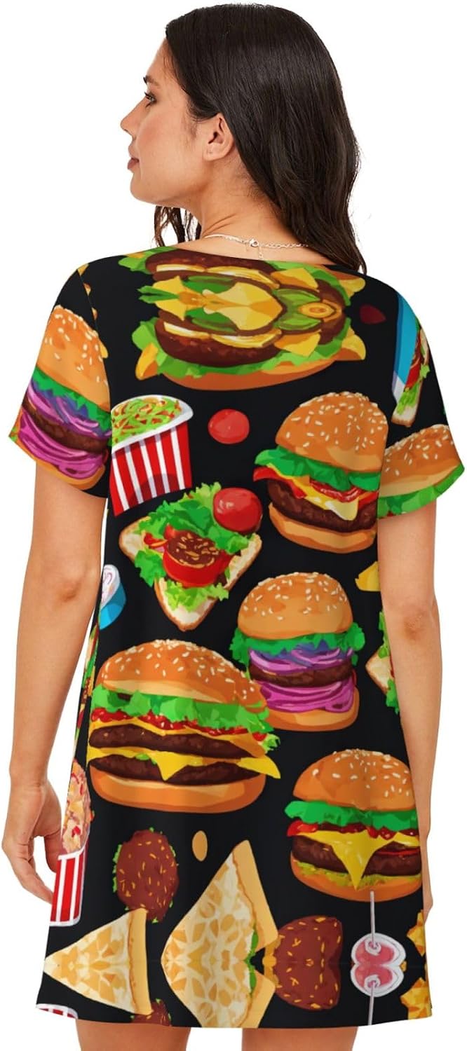 Casual Food Pattern Funny Print Women S Short Sleeve Sleepwear,Soft Nightgown Comfy Sleepshirt For Ladies, Casual Loose Dress