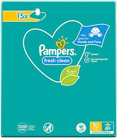 Pampers Fresh Clean Chusteczki Dla Niemowląt 1200 Sztuk (15 x 80), Neutralny Zapach, Świetnie Nadają się Również do Rąk i Twarzy
