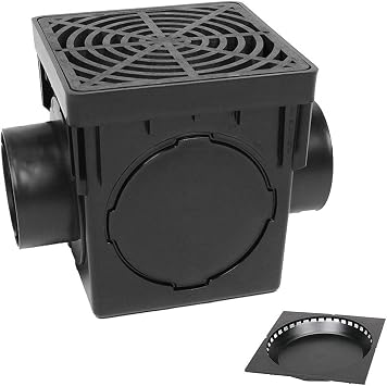 Storm Drain 9" Square Catch Lavatory Yard Drain Kit with Garbage Trap Black Grate, 9"