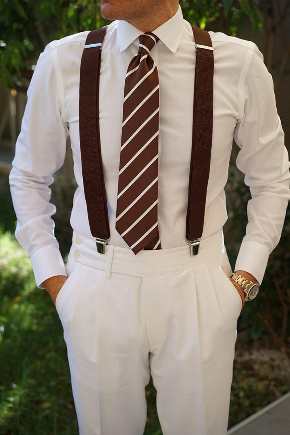 Brown Suspender Braces - Classic Elastic Mens Dress Suspenders w/Adjustable Straps - Luxury Clip On Suspenders for Men Brown Regular