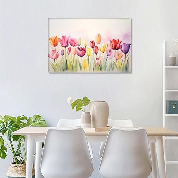 TISHIRON 1 Piece Wall Art Decor Painting on Canvas Tulip Pictures for Home Walls Bloom Plant Office Wall Art Framed Floral Modern Artwork for Living Room Bedroom, 24x16in