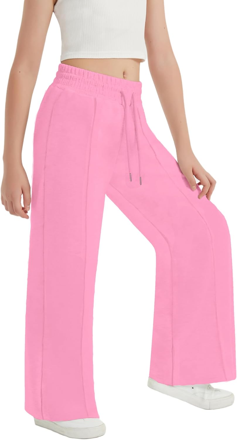 EXARUS Girls Sweatpants Front Seam Drawstring High Waist Wide Leg Sweat Pants Baggy Causal Kids High Waisted 6-14Y - Image 2