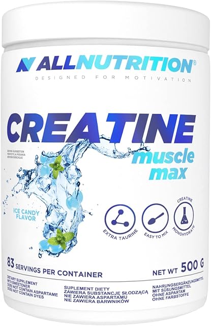 ALLNUTRITION Creatine Muscle Max Kreatyna w Proszku - Monohydrat Kreatyny z Tauryną - Suplement Diety dla Sportowców - Zwiększa Wydolność - Bez Dodatku Cukru - 500g - Cukierki Lodowe