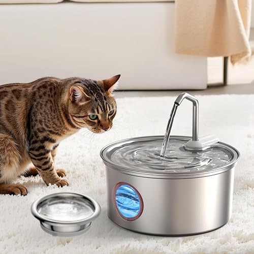 Fuente de agua para gatos de acero inoxidable con capacidad de 108 oz3.2 L, un dispensador de agua potable para mascotas, cuenta con una ventana