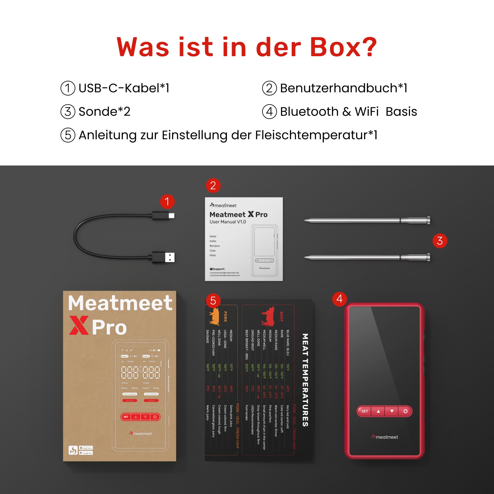 X Pro Fleischthermometer kabellos mit Bluetooth & WLAN, 2 Sonden 6 Sensoren, Einteiliges Edelstahldesign, IP69 Wasserdicht, 582°C Hitzebeständigkeit, Grill Ofen Küche Heißluftfritteuse