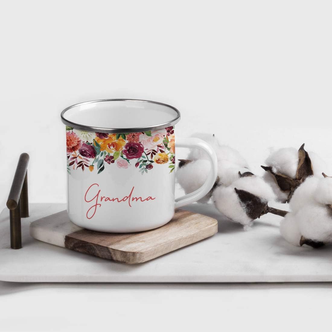 Andaz Press 11oz. Mother's Day Stainless Steel Campfire Coffee Tea Mug Gift, Fall Autumn Burgundy Orange Peach Flowers Roses Florals, Grandma, 1-Pack, Includes Gift Box, Camping Christmas Gift Ideas