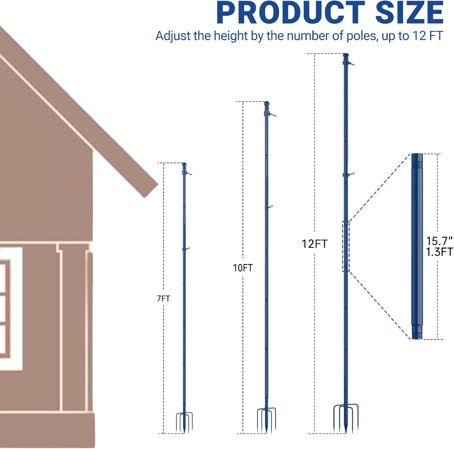 ZMTECH 12FT Heavy Duty Flag Pole with 5 Pronges Base in Ground for Yard,Tangle Free Spinning Stainless Steel,Windproof Ground Flag Poles for 2 Flags, 1 Pack, Blue