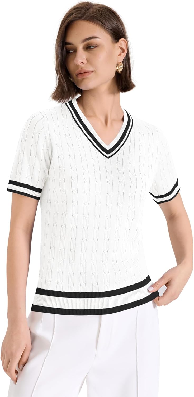 Kistore Womens Summer Short Sleeve Sweaters Tops V Neck Cable Knit Lightweight Sweater Shirts Blouses 2025 - Image 2