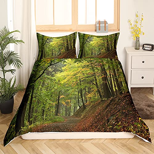 Forest Bedding Set King Size Autumn Forest Comforter Cover Trees Foggy Print Duvet Cover Set including 2 Pillowcases Soft Microfiber Zipper Decorative Woodland Scene Quilt Cover 3 Piece Lightweight