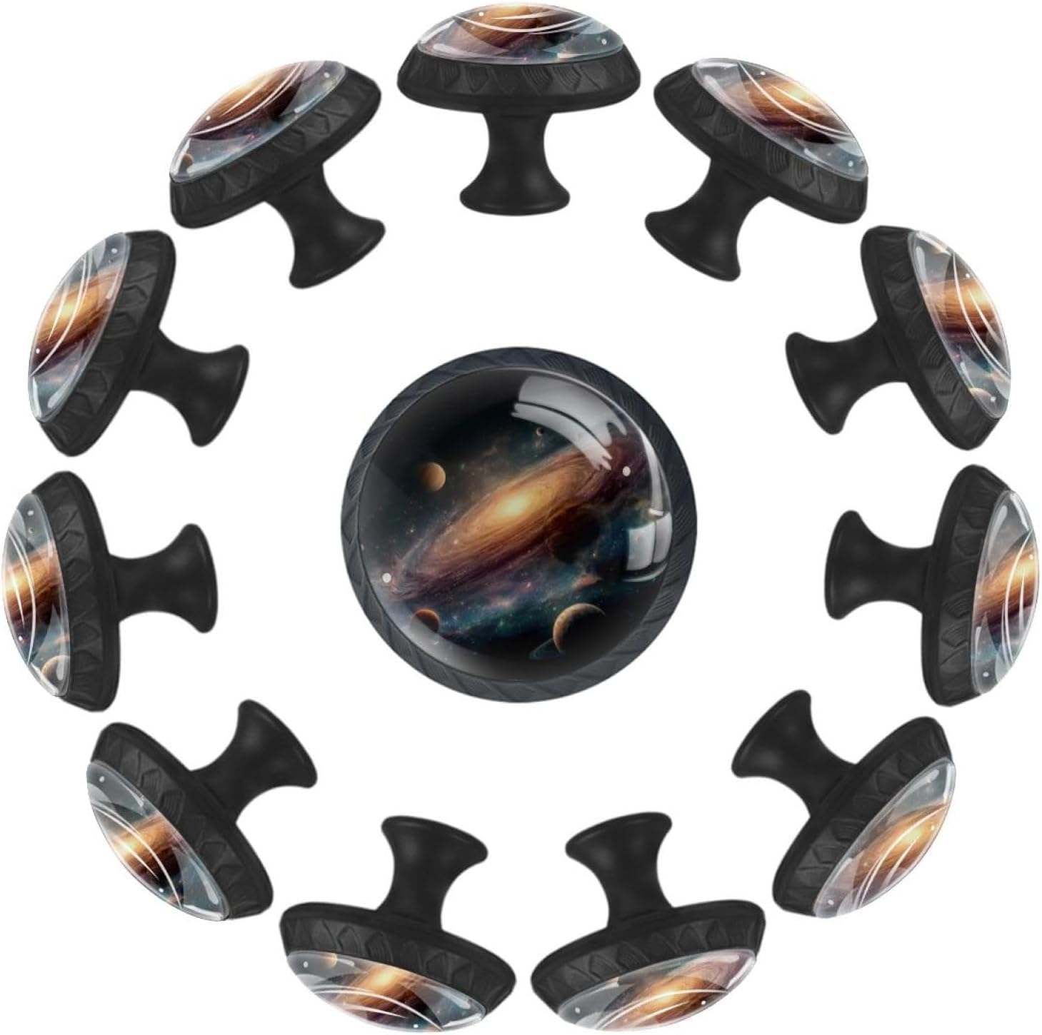 Black Round Galaxy Planets Dresser Knobs, Decorative Cabinet Pulls for Home Improvement, Durable Glass Hardware for Kitchen Bathroom