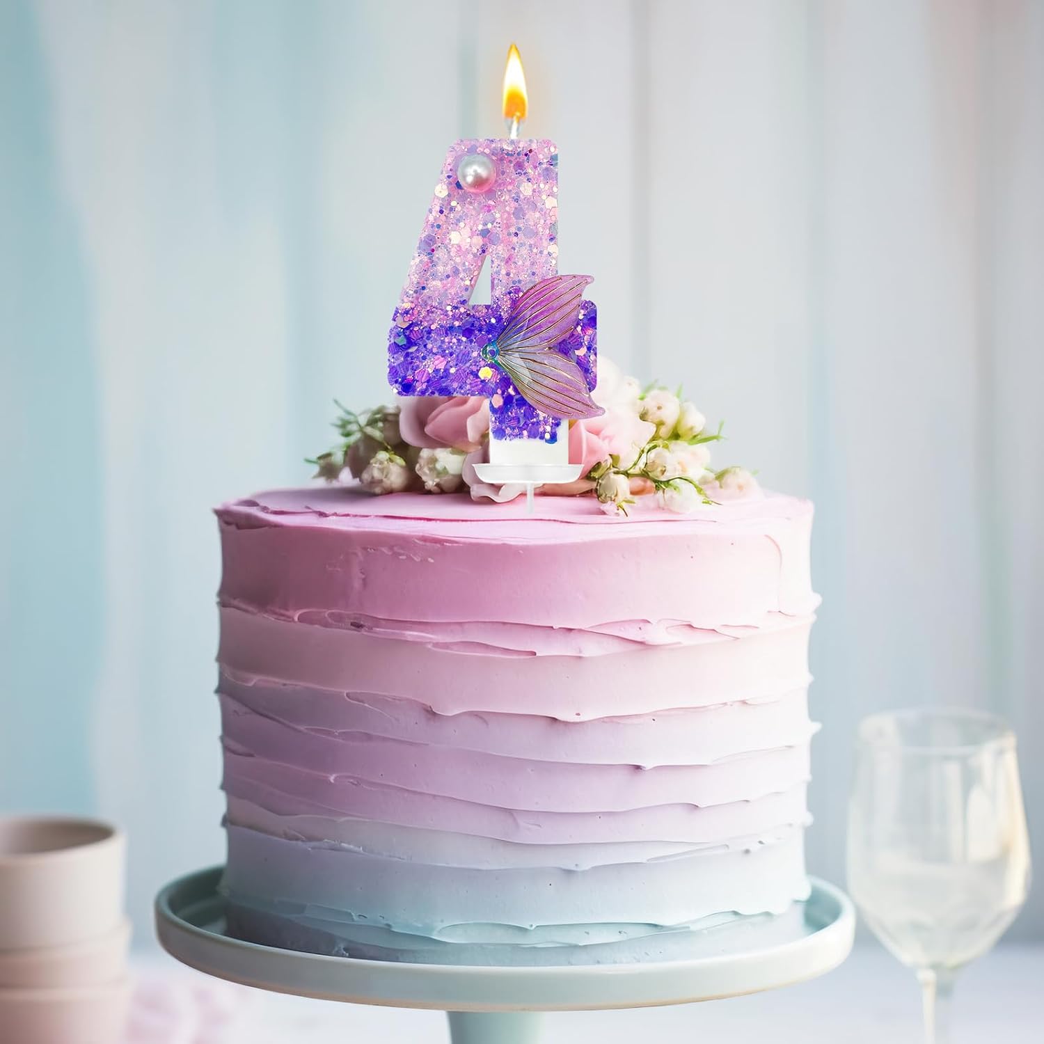 HXOUSE Purple Mermaid Number 4 Birthday Candles - Mermaid Tail Candle for Cake, 4 Candle Topper for Anniversary Celebrations Supplies, Dreamy Themed Party Decorations for Girl