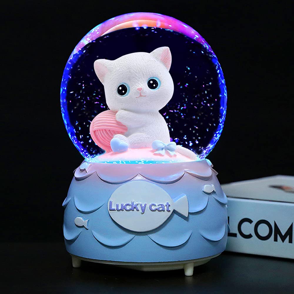 Lucky Cat Musical Snow Globe for Kids, 80MM Animal Resin/Glass Snow Globe with Color Changed Lights for Home Decor & Shelf Decorations (B#)