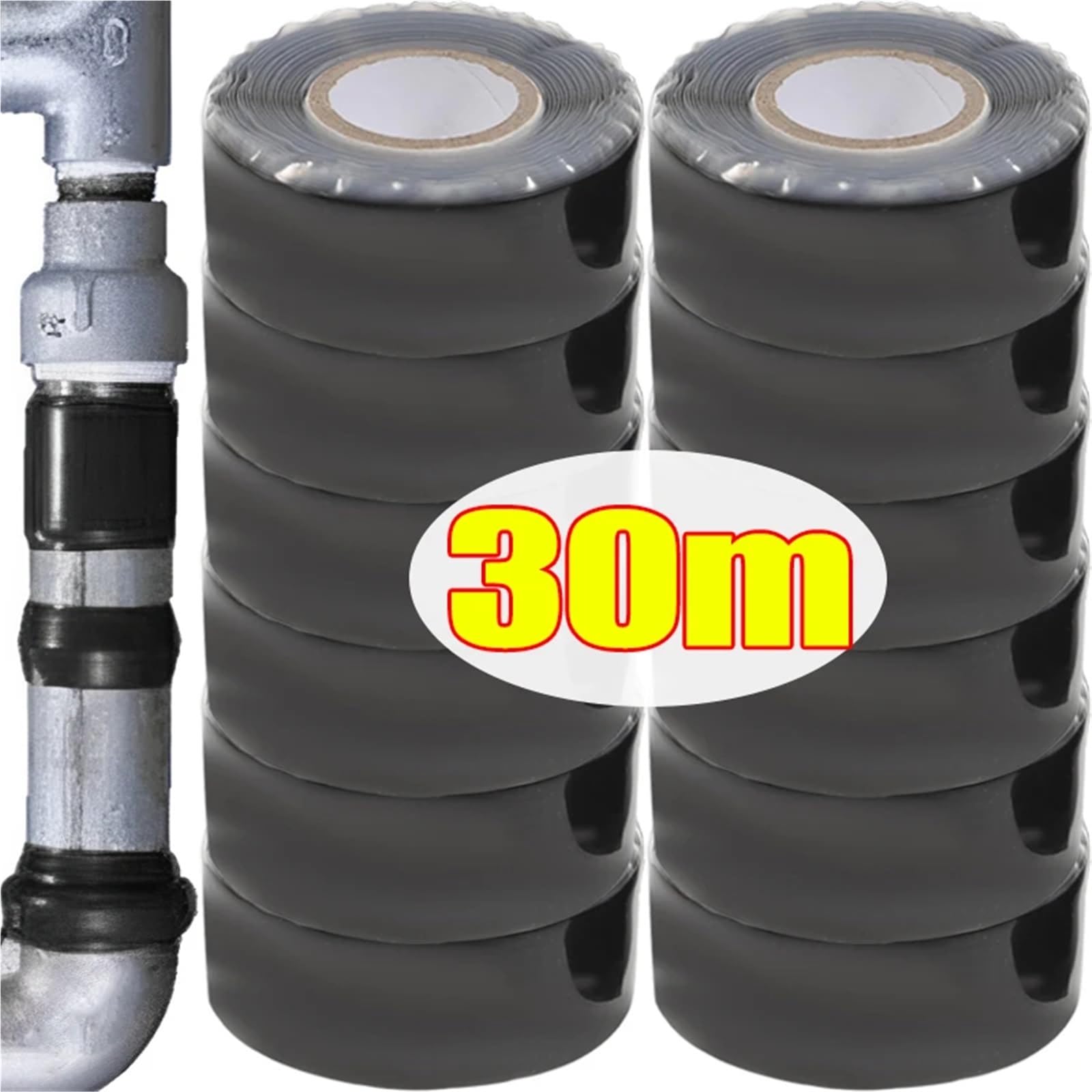 Cinta aislante de caucho de silicona autofusible, Cinta de manguera de silicona autofundible, 0,5 mm, 10 rollos, negro/blanco, 1 pulgada x 10 pies(Black)