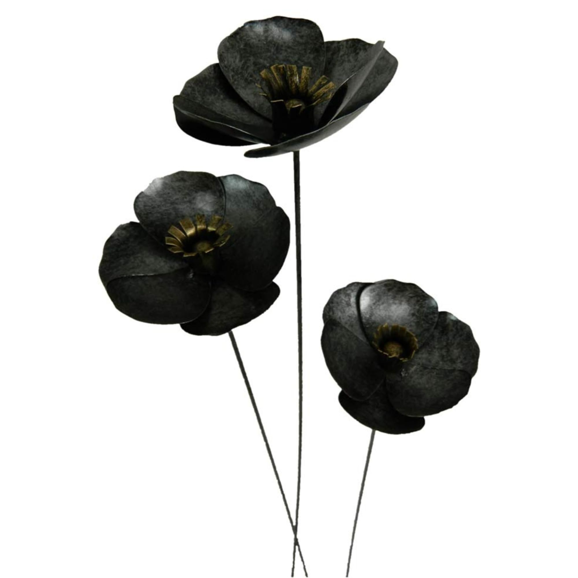 Handcrafted Antique Silver Metal Poppy Flower Garden Ornaments, Set of Three, 100cm Tall - Outdoor Garden Decorations for Borders, Pots, Flower Beds & Memorials , Fairly Traded Decor - silver poppy